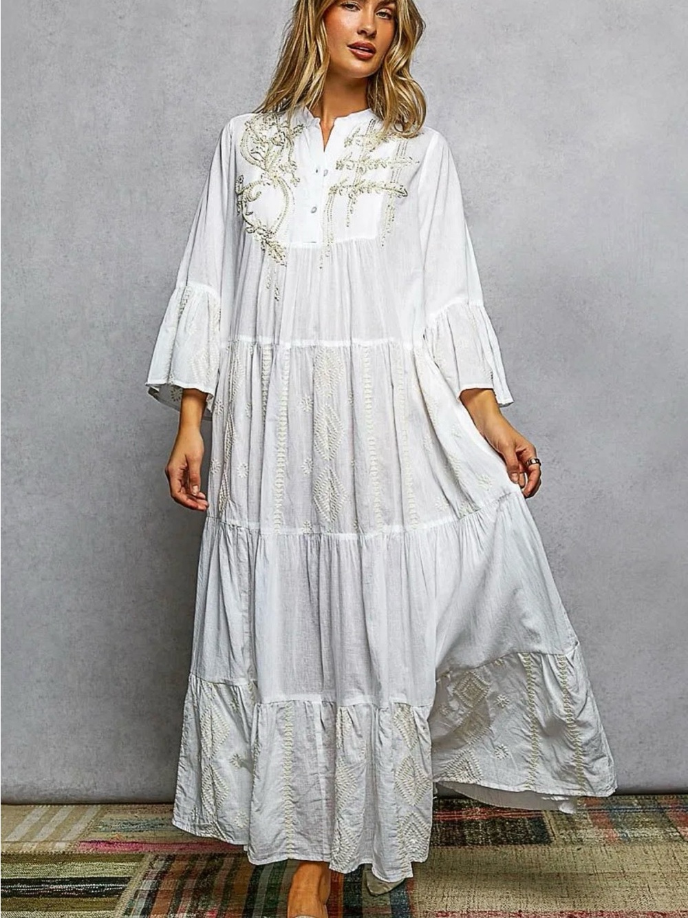 POL White Embroidered Tiered Maxi Dress with Pearl Accents
